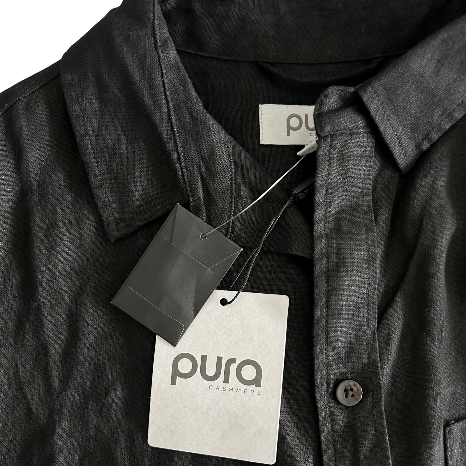 Pura Cashmere Luxe Linen Shirt Dress Black 100% Linen Belted Maxi Medium — image 5 of 8